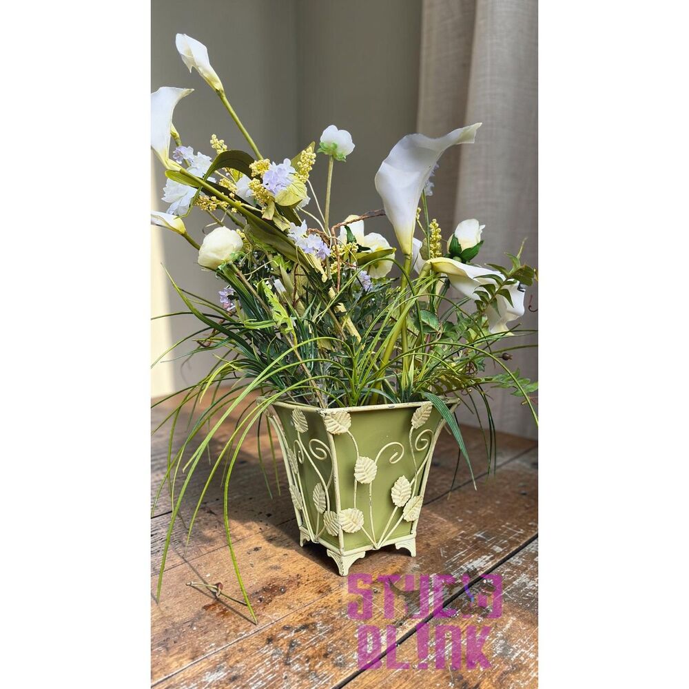 Faux Calla Lily Floral Arrangement in Green Leaf-Motif Metal Planter